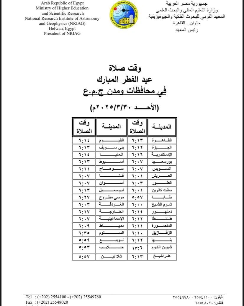 الساعة كم صلاة عيد الفطر في القاهرة